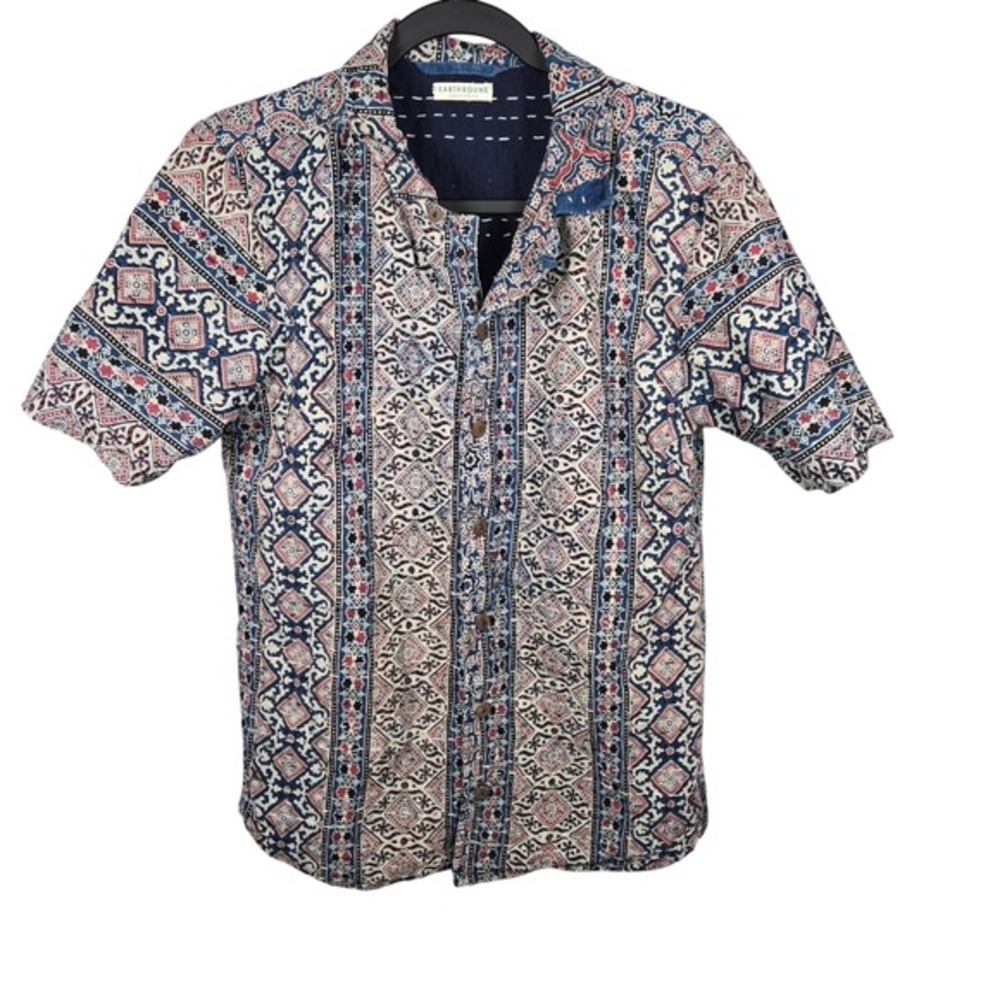 Earthbound Trading Co Mens Short Sleeve Kantha Stitch‎ Block Print Cotton Shirt